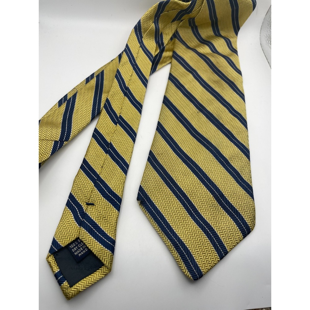 Cremieux Mens Silk Tie Yellow Navy Blue Striped Herringbone Handmade France